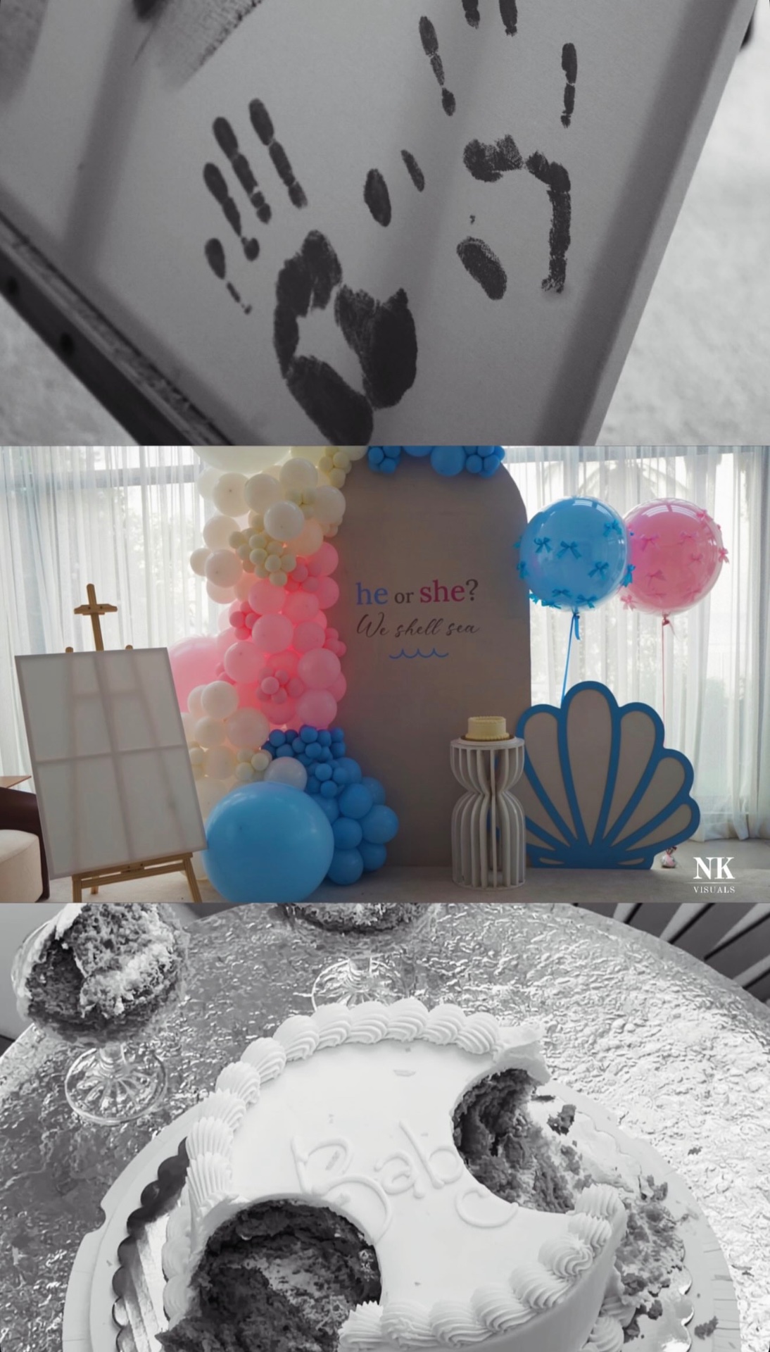 Gender reveal: handprints, balloon backdrop and a cut cake