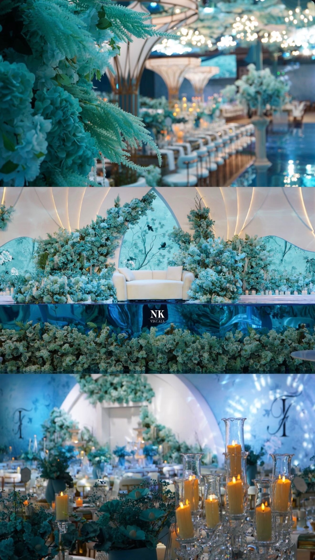 Blue-and-white wedding reception décor and dressed tables